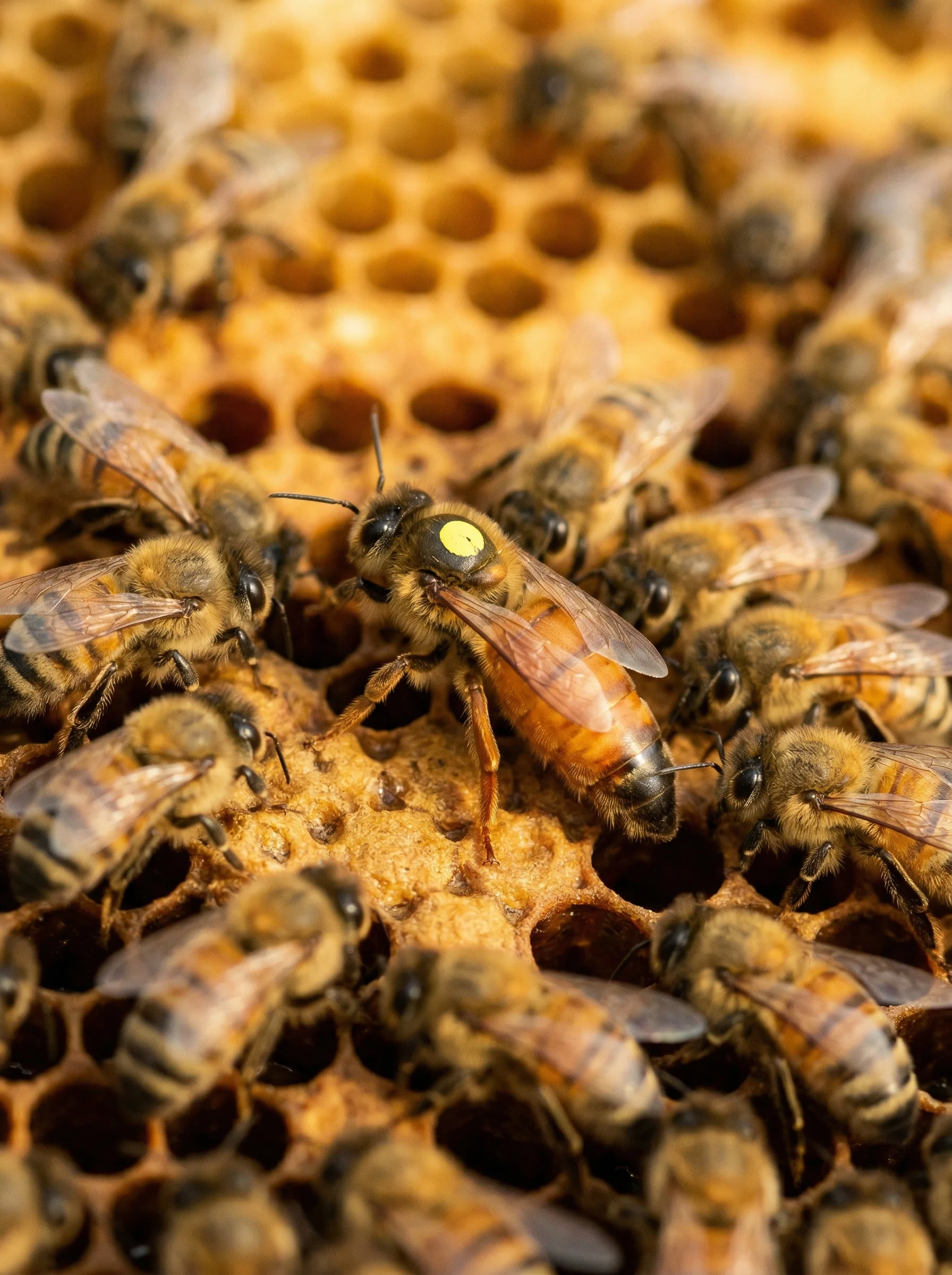 Matka pszczela rasy Buckfast na plastrze miodu