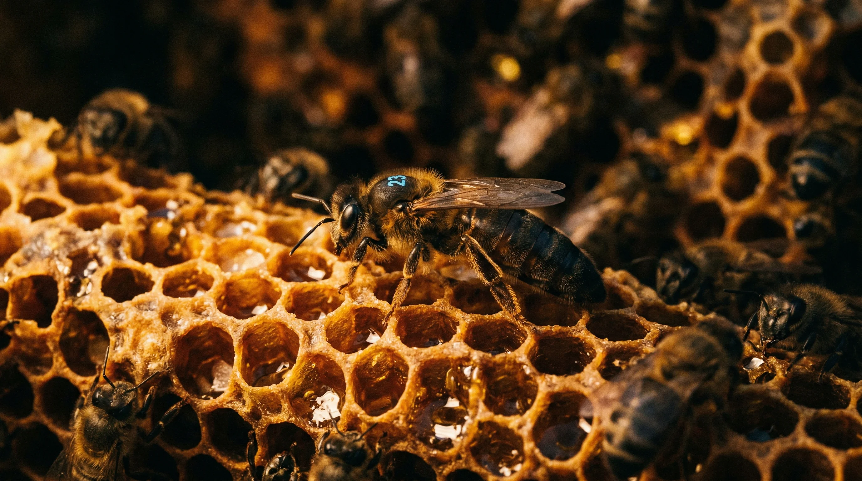 Matka pszczela na plastrze miodu w złotym świetle
